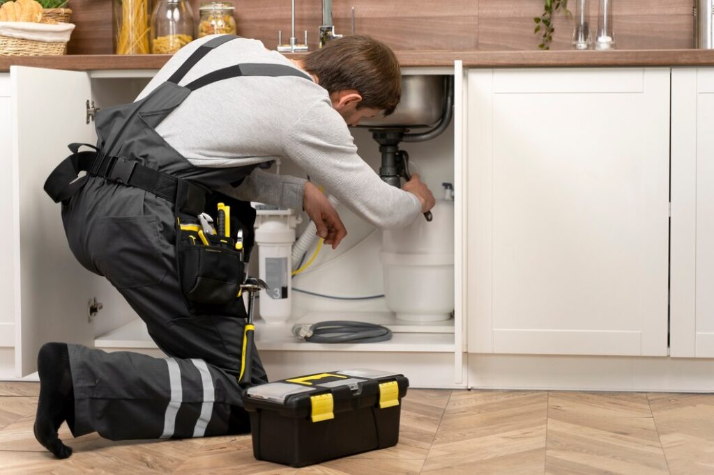 A plumber using the tools doing emergency plumbing service